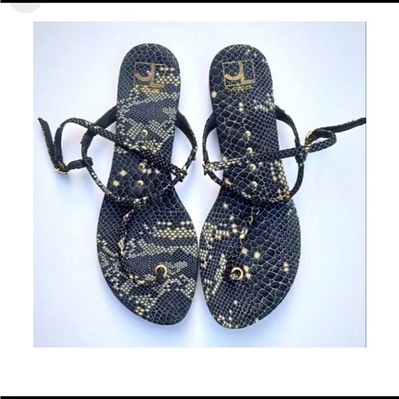 J Slides Women’s Thong Sandals 8 Snakeskin Black Gold Adjustable Summer Flipflop - Picture 1 of 4